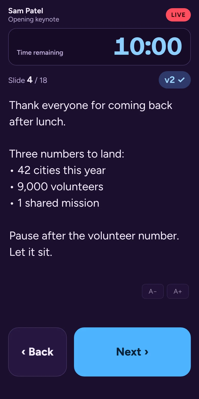 A presenter's phone during a live session: speaker notes in large type, a countdown timer, the version on air marked v2 with a check, and big Back and Next buttons.